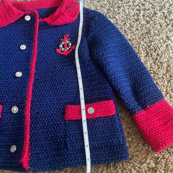 Unique Vintage Girls heavy navy & red hand knitted sweater/coat. Sz 3/4? - Picture 10 of 14